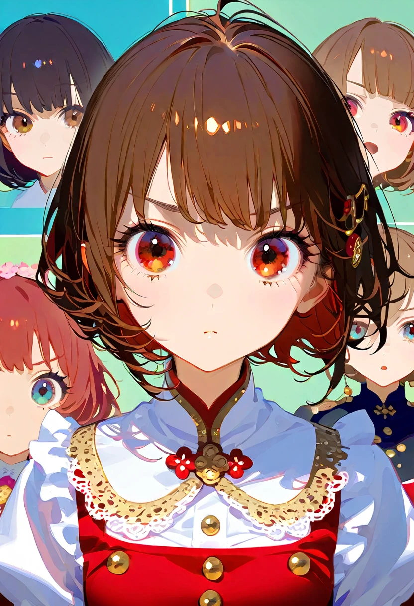 front，ID photo，An anime girl wearing a red skirt and black，She has brown hair and eyes。There are balls on both sides of the head，short hair，And wearing red flower ornaments on the ears。She wears a white blouse，It has gold buttons and pink cuffs.。Clean and tidy style，A determined look