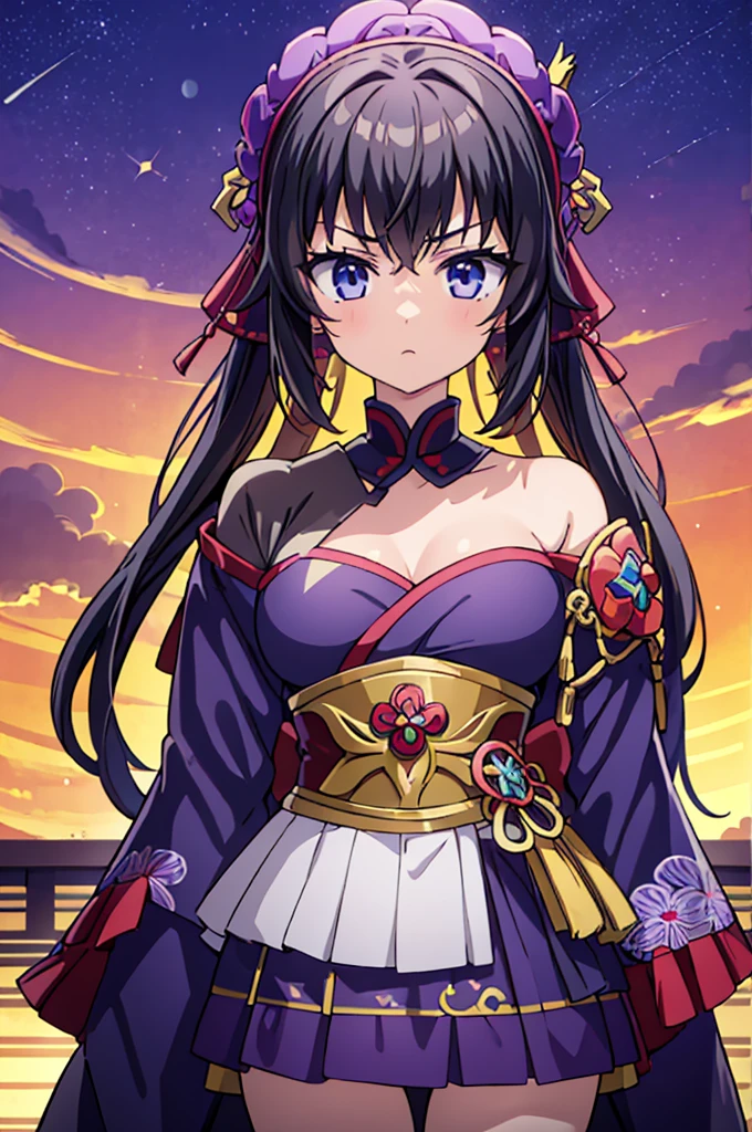 Highest quality, masterpiece, High resolution, alone, （Fire Emblem‗Shannan），（Fire Emblem: Genealogy of the Holy War），Japanese sword，kimono，Great armor、Nothing，（Armor‗Japan），（Roaring‗Facial Expressions），（purple‗陣羽織），（purple_coat），Young Girl，Anime Style, Highest quality, 4k, masterpiece,， alone, 1,whole body，looking at the camera, Shinkai Makoto style, （black_Hair Color）Sharp Eyes，（Full Finger）, （Accurate fingertips）, （The finer details）, （Anatomically correct）, (Movie Background), Hyper Detail, (Subtle details), (Intricate details),