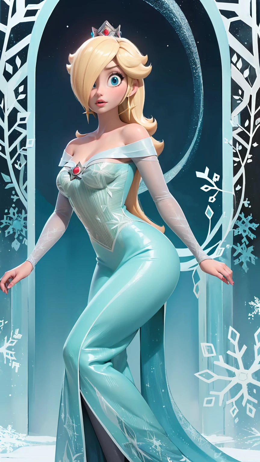 (best quality). (ultra detaild). (1girl), Looking at Viewer. (detailed backgrounds). beautiful detailed eyes. delicate beautiful face. (high saturation), breasts big, droopy breasts, (((sexy Elsa outfit))),