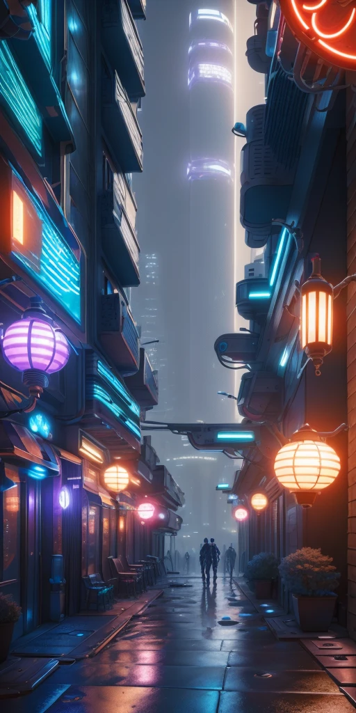 An illustration depicting a cyberpunk cityscape at night. A narrow alley filled with neon signs and exotic, futuristic lamps illuminating the surroundings. Various colors of neon lights are scattered along the street, with blue and purple lights standing out prominently. The buildings feature unique decorations with elements of Asian-style design. The sidewalk has a wet sheen, reflecting the lights. The perspective provides a sense of depth, with tall skyscrapers visible in the background. The image is rich in detail, creating a fantastical and futuristic atmosphere.