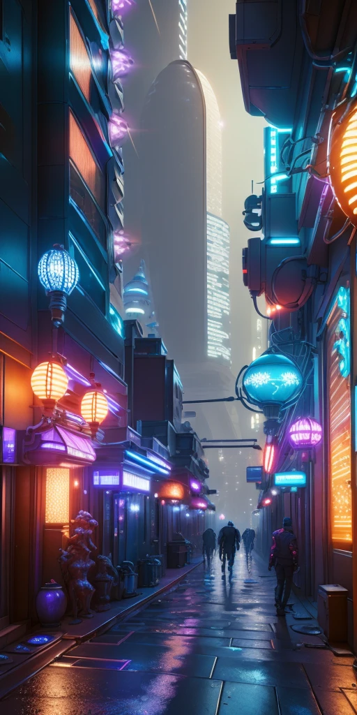 An illustration depicting a cyberpunk cityscape at night. A narrow alley filled with neon signs and exotic, futuristic lamps illuminating the surroundings. Various colors of neon lights are scattered along the street, with blue and purple lights standing out prominently. The buildings feature unique decorations with elements of Asian-style design. The sidewalk has a wet sheen, reflecting the lights. The perspective provides a sense of depth, with tall skyscrapers visible in the background. The image is rich in detail, creating a fantastical and futuristic atmosphere.