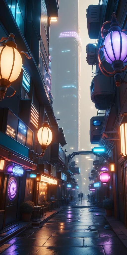 An illustration depicting a cyberpunk cityscape at night. A narrow alley filled with neon signs and exotic, futuristic lamps illuminating the surroundings. Various colors of neon lights are scattered along the street, with blue and purple lights standing out prominently. The buildings feature unique decorations with elements of Asian-style design. The sidewalk has a wet sheen, reflecting the lights. The perspective provides a sense of depth, with tall skyscrapers visible in the background. The image is rich in detail, creating a fantastical and futuristic atmosphere.