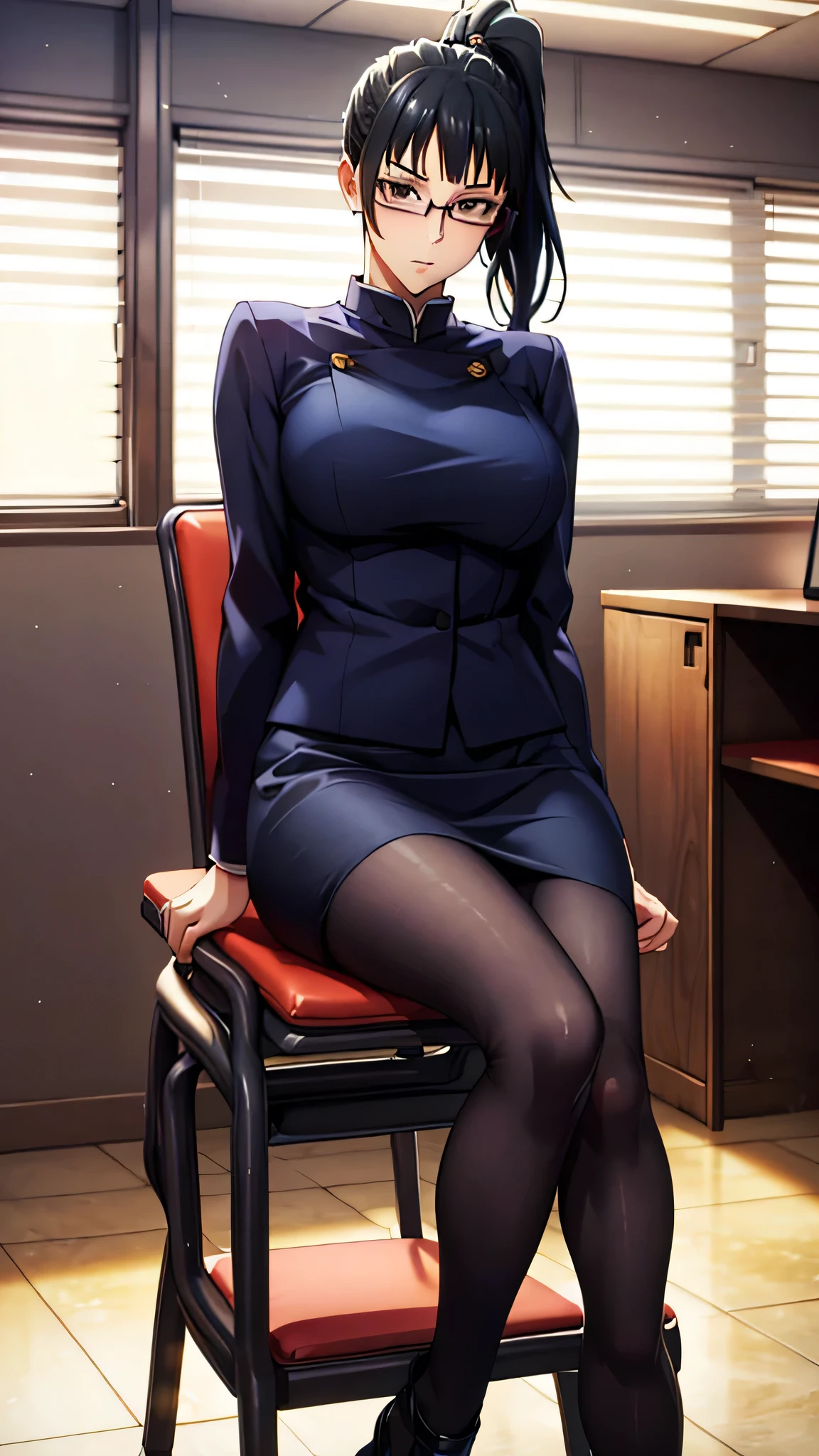 ((Glasses)),(In the office),beauty、Big Breasts、Style Batsugun、Nice body、Black Hair、Long Hair、Black pantyhose、skirt、pantyhose、ponytail、Sitting in a chair