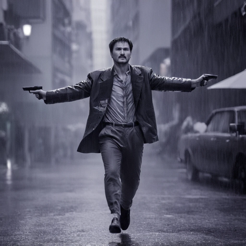 電影 film still of  In the 1980's In Hong Kong China a wet man walking down a 雨 soaked street,短发,衬衫,1个男孩,夹克,单色,灰度,男性焦点,户外,多个男孩,裤子,夜晚,胡子,雨,城市,亚洲,電影,动作主题,暴力,目的,目的ing,指向,柯达,电影风格,电影风格,film g雨,胶片对比度,动作片,严肃的,特技,香港动作电影风格,亚洲,電影,动作主题,暴力,目的,目的ing,指向,柯达,电影风格,电影风格,film g雨,胶片对比度,动作片,严肃的,特技,香港动作电影风格, 浅景深, 小插图, 非常详细, 高预算, 散景, 宽银幕电影, 喜怒无常, 史诗, 华丽的, film g雨, g雨y