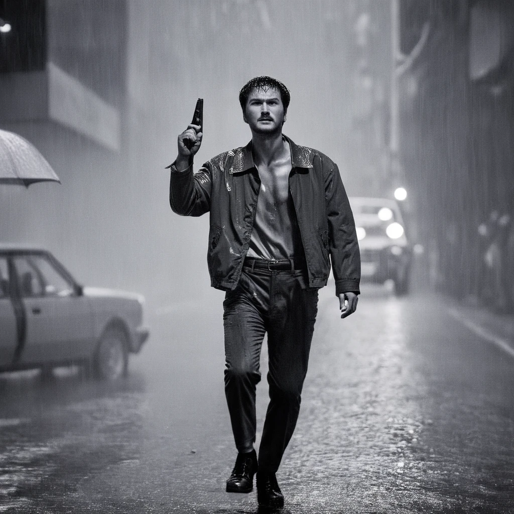 cinematic film still of  In the 1980's In Hong Kong China a wet man walking down a rain soaked street,short hair,shirt,1boy,jacket,monochrome,greyscale,male focus,outdoors,multiple boys,pants,night,facial hair,rain,city,Asian,cinematic,action-themed,violence,aim,aiming,pointing,Kodak,Film style,movie style,film grain,film contrast,action packed,serious,stunt,Hong Kong action cinema style,Asian,cinematic,action-themed,violence,aim,aiming,pointing,Kodak,Film style,movie style,film grain,film contrast,action packed,serious,stunt,Hong Kong action cinema style, shallow depth of field, vignette, highly detailed, high budget, bokeh, cinemascope, moody, epic, gorgeous, film grain, grainy