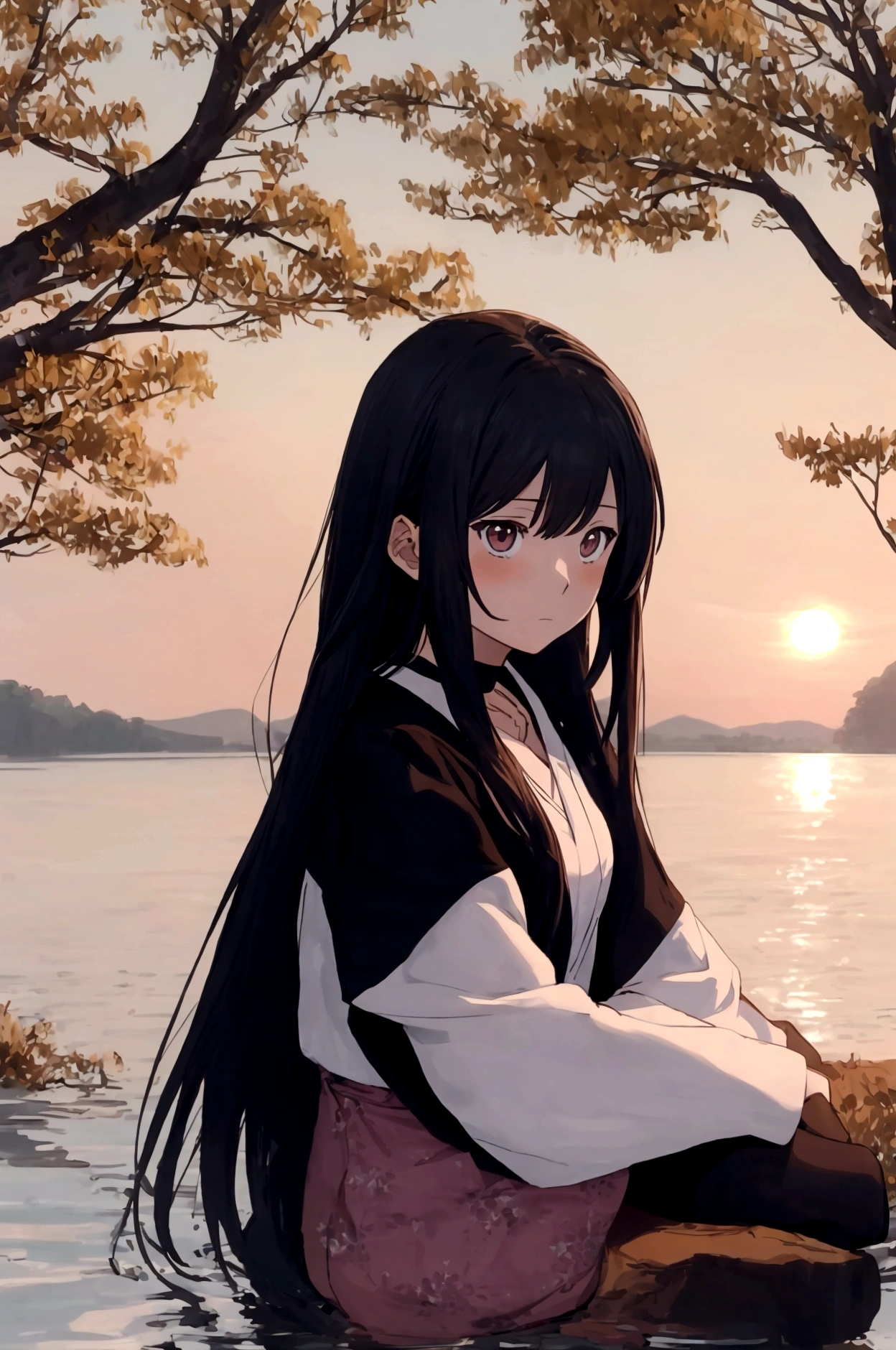 Draw an image of a female anime character sitting alone by a lake at sunset, with a facial expression that reflects both sadness and serenity in the silence