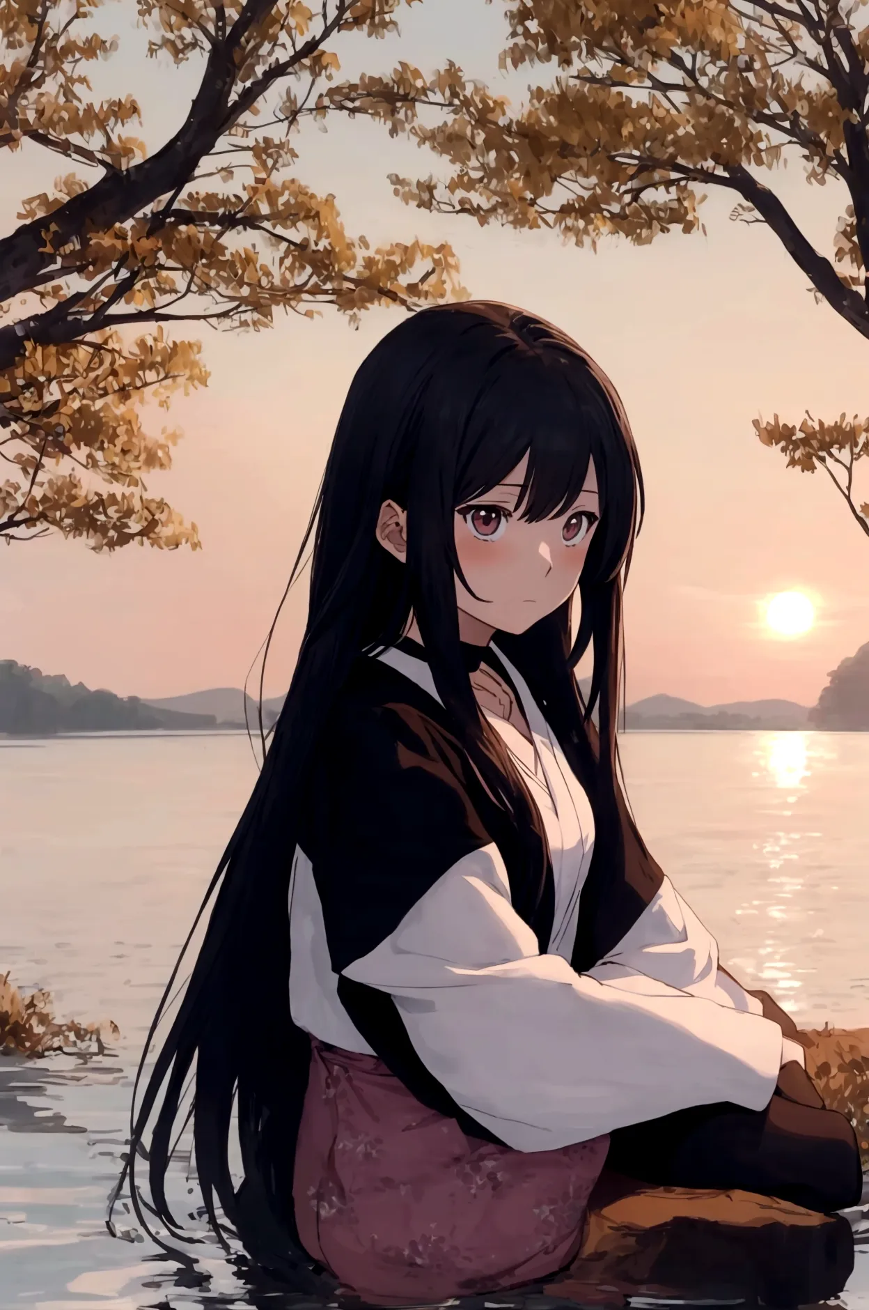 Draw an image of a female anime character sitting alone by a lake at sunset, with a facial expression that reflects both sadness...