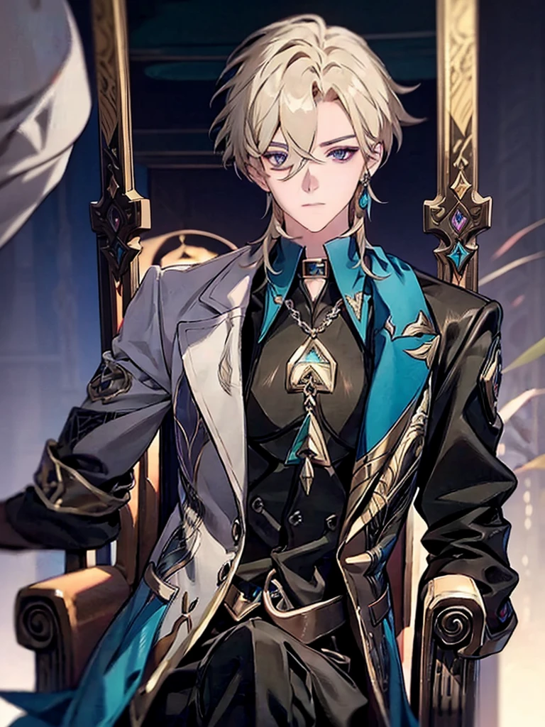 anime - style image of a man sitting on a chair with a sword, casimir art, beautiful androgynous prince, key anime art, tall anime guy with blue eyes, shadowverse style, portrait of magical blond prince, delicate androgynous prince, detailed key anime art, anime key visual of elegant, kawacy, ornate attire, key anime visuals, Side face, masterpiece, best quality,solo,1boy,hair ornament, jewelry,feather hair ornament, black background, blonde hair, aventurine honkai star rail1boy, aventurine, blonde hair, gorgeous, medium hair, (two-tone eyes, purple eyes, blue eyes), best quality, high resolution, materpiece, very detailed, male focus, simple BG, cinematic lighting, smile, Quality,1boy,matured male,Beautiful face, yellow light