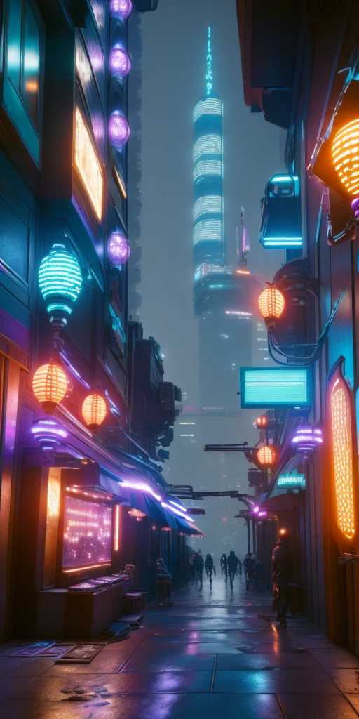 Une illustration représentant un paysage urbain cyberpunk la nuit. Une ruelle étroite remplie d&#39;enseignes lumineuses et exotiques, lampes futuristes illuminant les environs. Différentes couleurs de néons sont dispersées dans la rue, avec des lumières bleues et violettes qui ressortent bien en évidence. Les bâtiments présentent des décorations uniques avec des éléments de style asiatique.. Le trottoir a un éclat mouillé, reflétant les lumières. La perspective donne une impression de profondeur, avec de grands gratte-ciel visibles en arrière-plan. L&#39;image est riche en détails, créer une atmosphère fantastique et futuriste.