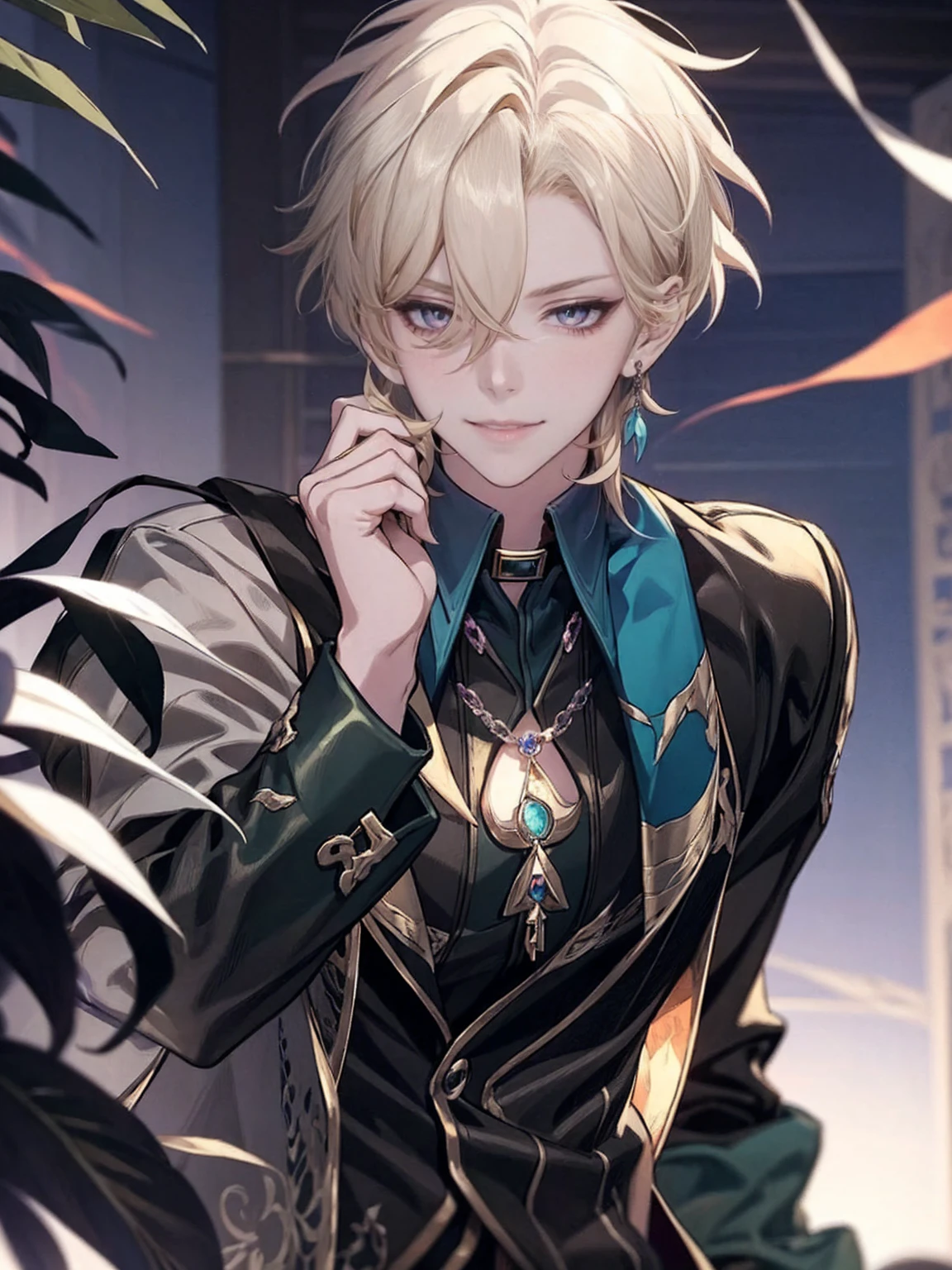 casimir art, beautiful androgynous prince, key anime art, delicate androgynous prince, detailed key anime art, anime key visual of elegant, key anime visuals, Side face, masterpiece, best quality,solo,1boy,hair ornament, jewelry,feather hair ornament, black background, blonde hair, aventurine honkai star rail1boy, aventurine, blonde hair, gorgeous, medium hair, (two-tone eyes, purple eyes, blue eyes), best quality, high resolution, materpiece, very detailed, male focus, simple BG, cinematic lighting, smile, Quality,1boy,matured male,Beautiful face, yellow light