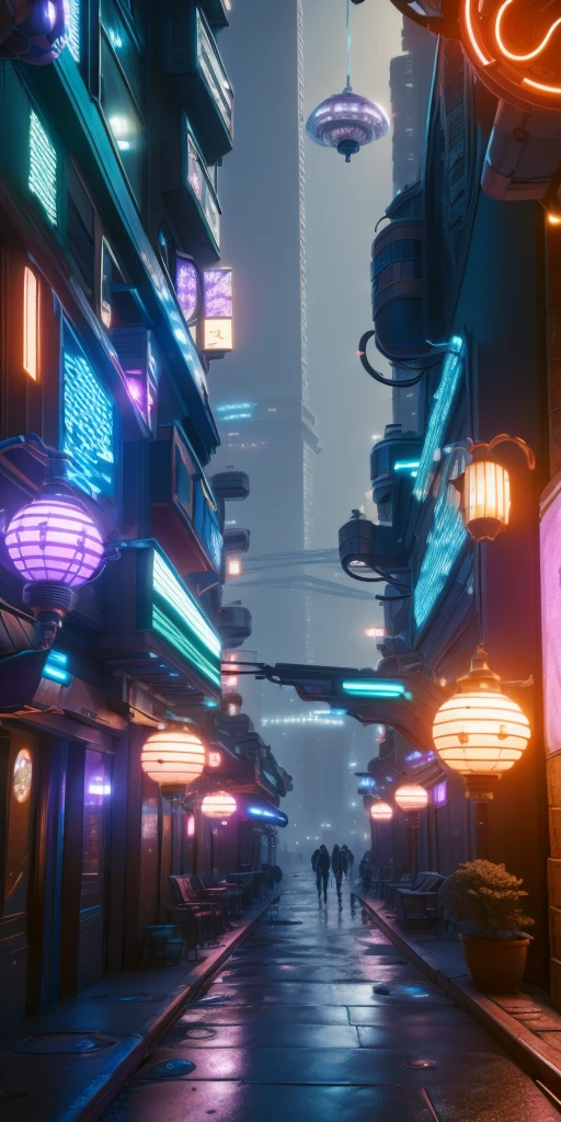 An illustration depicting a cyberpunk cityscape at night. A narrow alley filled with neon signs and exotic, futuristic lamps illuminating the surroundings. Various colors of neon lights are scattered along the street, with blue and purple lights standing out prominently. The buildings feature unique decorations with elements of Asian-style design. The sidewalk has a wet sheen, reflecting the lights. The perspective provides a sense of depth, with tall skyscrapers visible in the background. The image is rich in detail, creating a fantastical and futuristic atmosphere.