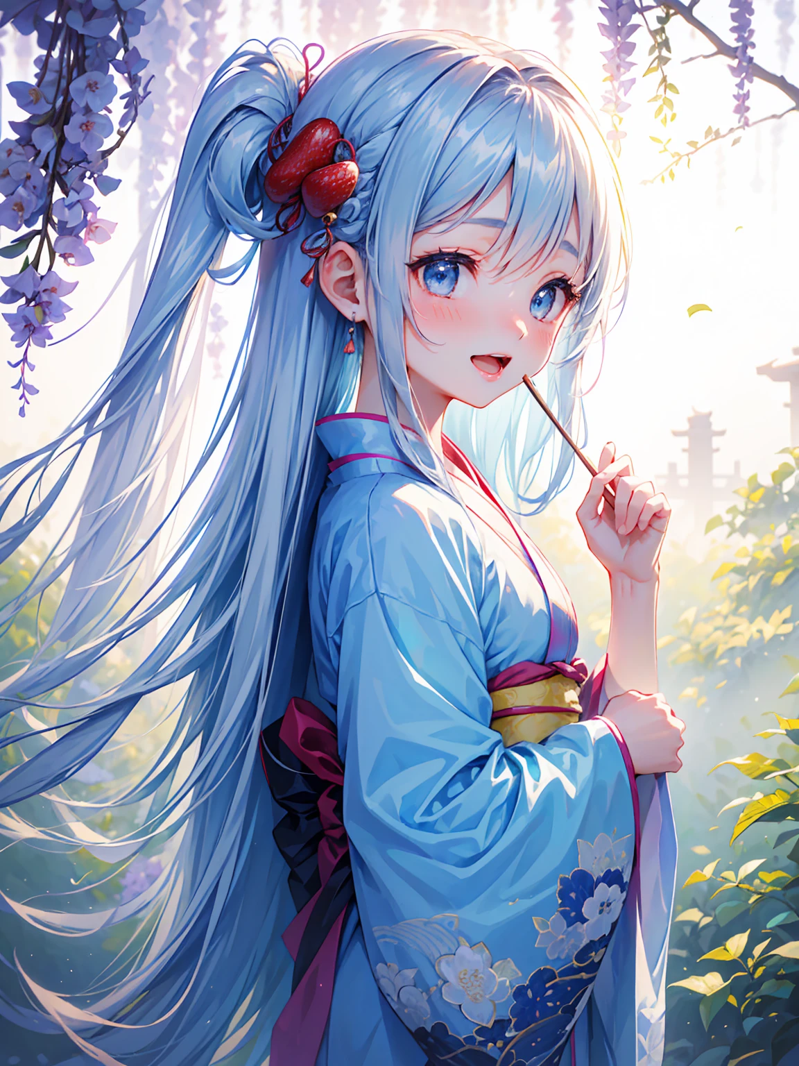 masterpiece, best quality, extremely detailed, (illustration, official art:1.1), 1 girl ,(((( light blue long hair)))), ,(((( light blue long hair)))),light blue hair, long hair ((blush)) , cute face, big eyes, masterpiece, best quality,(((((a very delicate and beautiful girl,))))),Amazing,beautiful detailed eyes,blunt bangs、((((little delicate girl)))),tareme(true beautiful:1.2), sense of depth,dynamic angle, ,Baby Face,flat chest,, (masterpiece),best quality,highly detailed,ultra detailed, , Braid Dumpling Hair, hair ornament, pretty face, happy, open mouth, Japan kimono ,She eats a tricolor dumpling stuck on a skewer of Japan , She holds a tricolor dumpling with a Japan skewer in her hand,smile,Exact finger count,Precise finger shape,Number of fingers is 5、 Temple、 dumplings、 Wisteria、strawberries、, from side, ((((tricolor dumpling ,kimono)))), Outdoors, with Kyoto scenery in the background,,droopy eye, playing Japanese koto, Japanese garden,japanese_garden_background、Baby Face,japanese_garden_background
