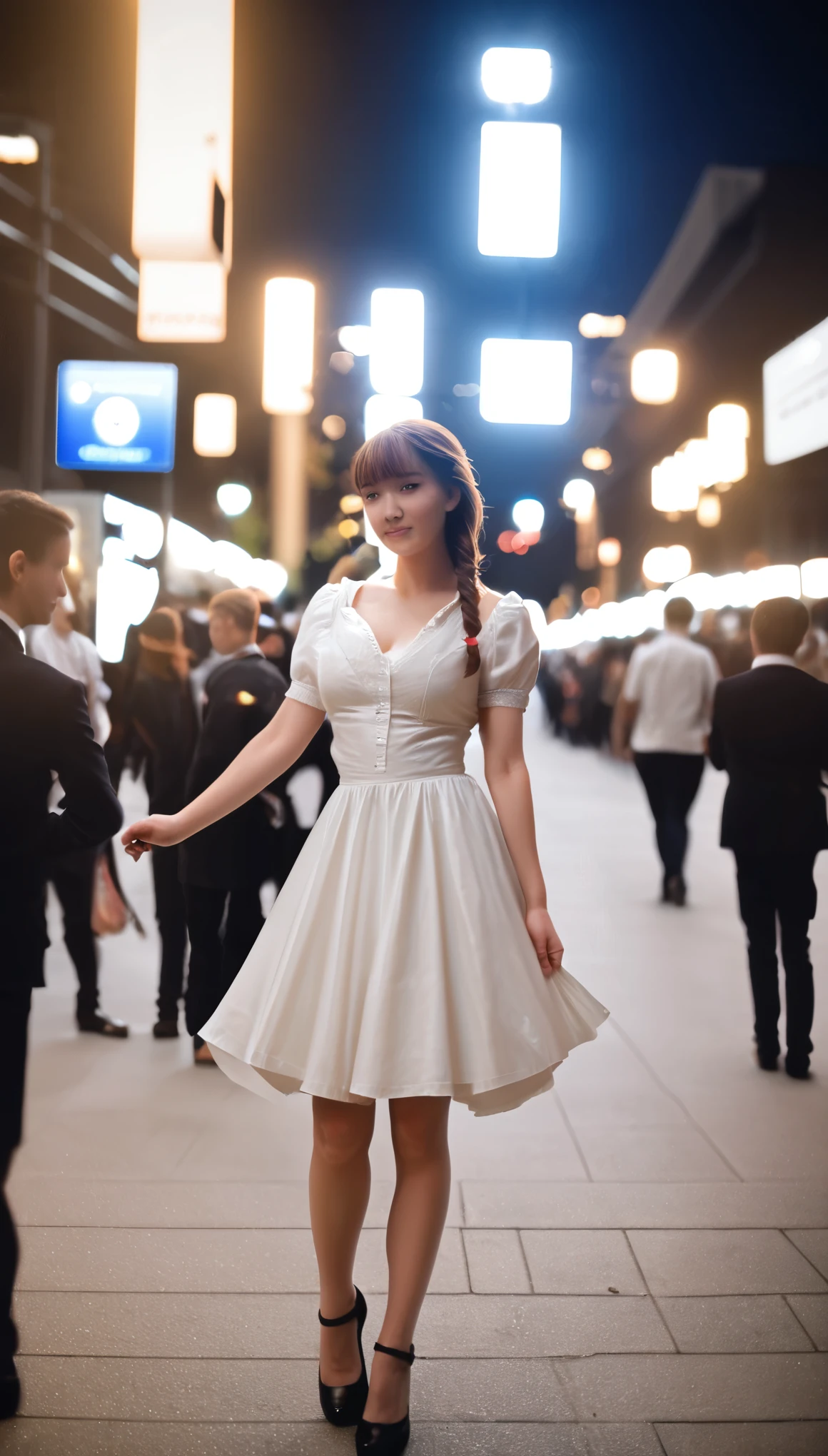 best quality, photorealistic, 1girl, woman,(skindentation), medium breast, (bright), (professional lighting, bokeh), (street), people, crowds, braided bangs, (blouse:1.5), (portait:0.8), gorgeous, bloom, floating hair, (dynamic pose:0.6) , soft lighting, 