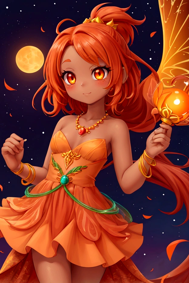 全身視野 異想天開的可愛仙女橘色黃昏舞者有著充滿活力和迷人的存在，她飄逸的頭髮呈現橘紅色和深橙色, 裝飾著微小的發光球體和閃閃發光的暮光露珠. Her wings are translucent with hues of orange and deep 紅色的, 類似蜻蜓的翅膀, 複雜的圖案在光線的照射下非常美麗. 她穿著一件柔軟的連身裙, 橘子花瓣和秋葉, 橙色調, 紅色的, 和棕色, 賦予她迷人而動態的外觀. 她的眼睛是深琥珀色, 充滿黃昏的神秘. 橘子的皮膚有一種微妙的, 昏暗的輝光, 彷彿被一天的最後一縷陽光所觸動. 她拿著一根由扭曲的木頭製成的手杖，上面裝飾著發光的黃玉, 她用它來召喚黃昏的能量並與夜間生物交流. 她經常帶著一個小, 擁有虹彩翅膀的神奇蝙蝠, 在她身邊飛舞. 背景是秋天的森林，柔和的, 夕陽的溫暖光芒和暮色天空中出現的第一顆星星.