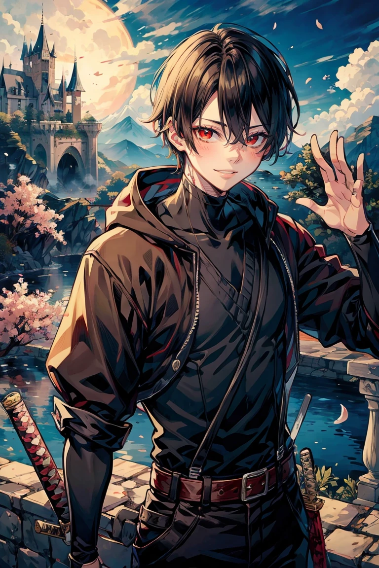 (hasuichi nishizono:1.2), rekkyo sensen, rekkyou sensen, male focus, boys with((sharp eyes, black hair, waving is hands, suspenders, blue clothes, belt, blue knit sweater, straps, furry hoodies, upper body, short hair, (sleeves rolled up:1.1), perfect hands, perfect fingers, katana, sword, weapon)), background with((fantasy world, cherry brossom, ruin, castle, beautiful sky, shining sky, sunshine))