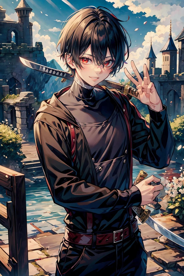 (hasuichi nishizono:1.2), rekkyo sensen, rekkyou sensen, male focus, boys with((sharp eyes, black hair, waving is hands, suspenders, blue clothes, belt, blue knit sweater, straps, furry hoodies, upper body, short hair, (sleeves rolled up:1.1), perfect hands, perfect fingers, katana, sword, weapon)), background with((fantasy world, cherry brossom, ruin, castle, beautiful sky, shining sky, sunshine))