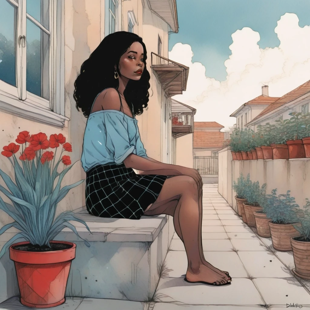 The watercolor, anime style, you asked for it, with the Brazilian woman of African ethnicity as the focal point of the scene. She sits with her back to us on a concrete porch, her arms resting on her knees and her straight brown hair falling around her shoulders. She wears a light blue blouse with thin straps and a floral skirt, her lips are a striking red and she wears black flip-flops. A brown plaid bag sits on the balcony, and the background has a beige wall with a window and potted plants by Daniela Uhlig