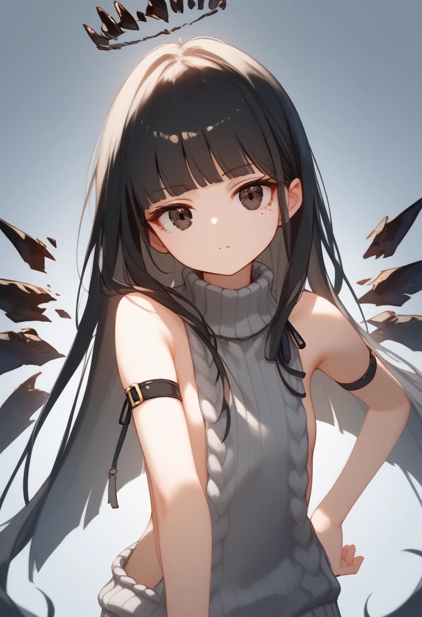 (score_9, score_8_up, score_7_up), 1girl, VirtuosaBase, cute, (chibi:0.7), black hair, blunt bangs, long hair, broken halo, energy wings, black eyes, mole under right eye, small breasts, virgin killer sweater, detached sleeves, gray sweater, single hand victory pose, hand on hip, leaning forward, looking at viewer, upper body, zoom out, white background,