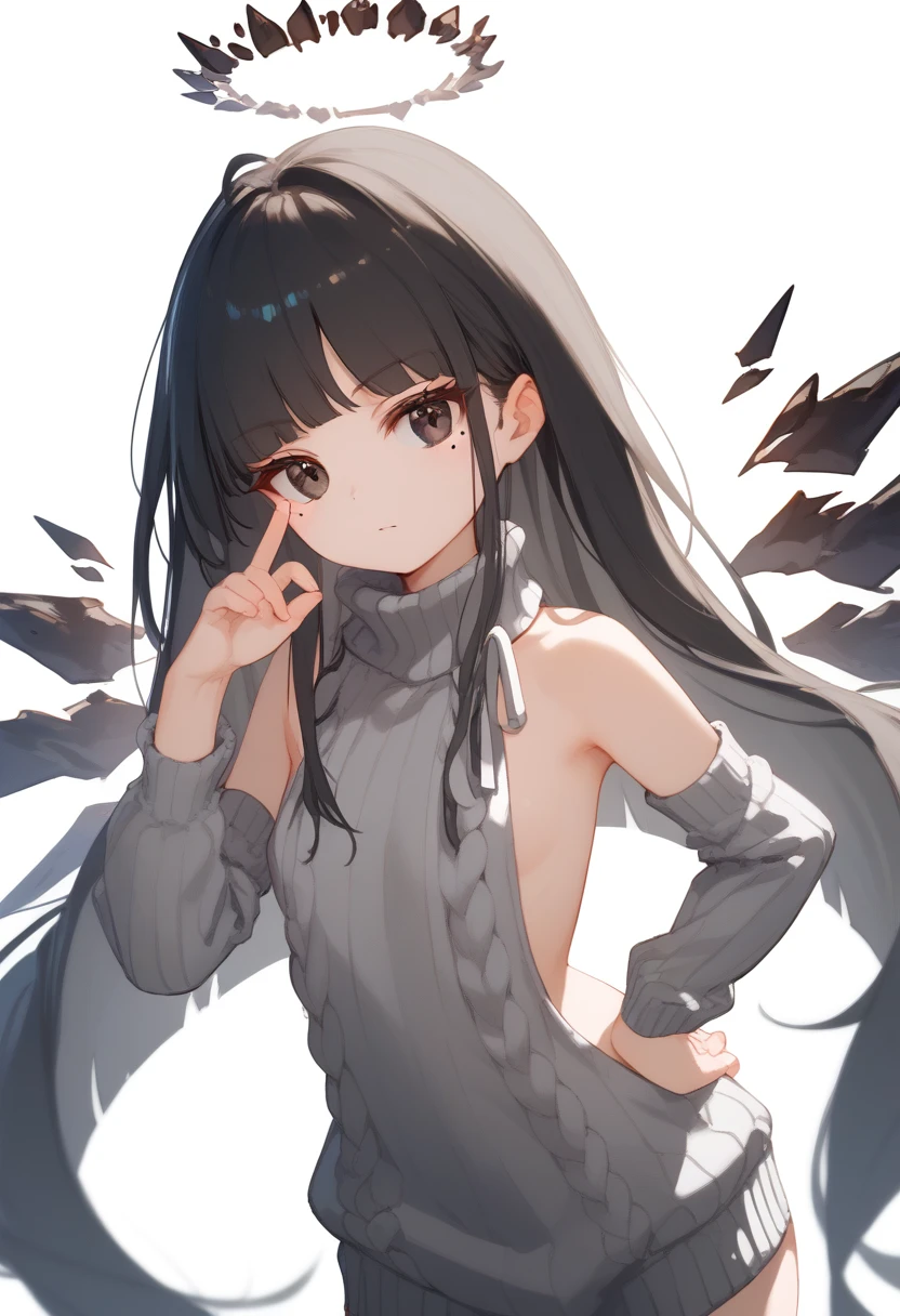 (score_9, score_8_up, score_7_up), 1girl, VirtuosaBase, cute, (chibi:0.7), black hair, blunt bangs, long hair, broken halo, energy wings, black eyes, mole under right eye, small breasts, virgin killer sweater, detached sleeves, gray sweater, single hand victory pose, hand on hip, leaning forward, looking at viewer, upper body, zoom out, white background,