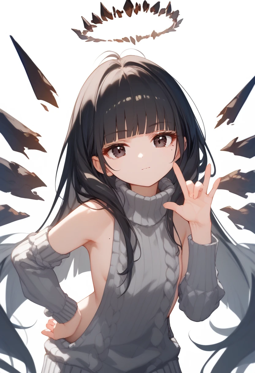 (score_9, score_8_up, score_7_up), 1girl, VirtuosaBase, cute, (chibi:0.7), black hair, blunt bangs, long hair, broken halo, energy wings, black eyes, mole under right eye, small breasts, virgin killer sweater, detached sleeves, gray sweater, single hand victory pose, hand on hip, leaning forward, looking at viewer, upper body, zoom out, white background,