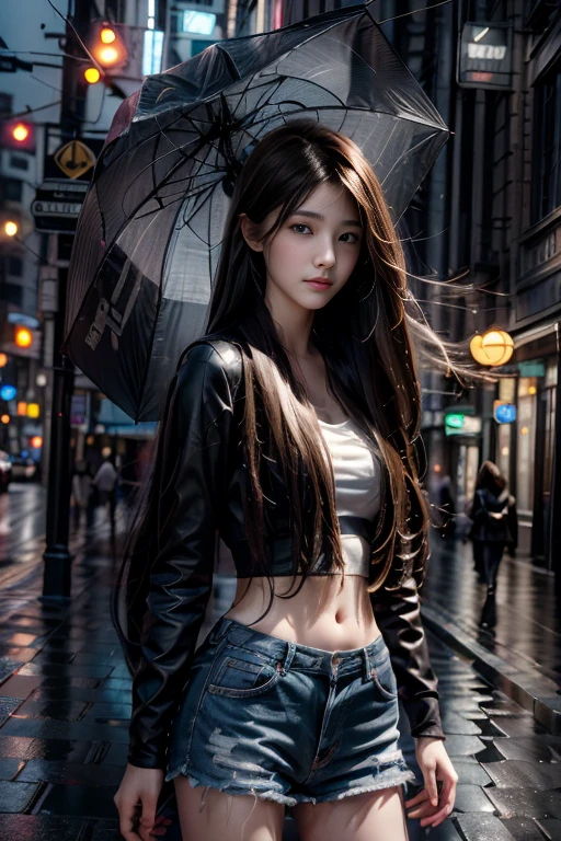 best quality,ultra-detailed,realistic,long hair,girl,raining,street view,portraits,photography,vivid colors,wet pavement,umbrella,city lights,reflections,cityscape,sidewalk,neon lights,traffic,night scene,,serene,urban,atmospheric,bokeh,soft focus,high contrast,damp,cobblestone,characteristic buildings,umbrella reflection,emotion,captivating,inspiring,poetic,fleeting moment,romantic,artist's perspective,instantaneous,fast-paced,chaotic,dynamic,dramatic lighting,shadows and highlights