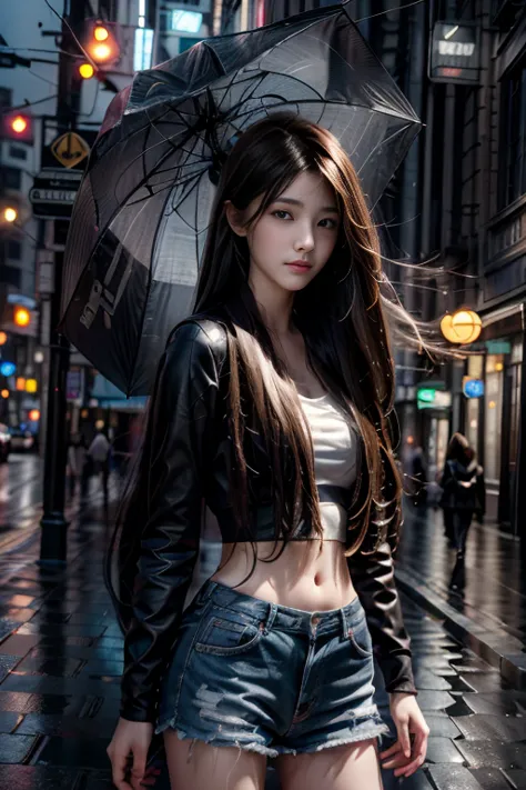 best quality,ultra-detailed,realistic,long hair,girl,raining,street view,portraits,photography,vivid colors,wet pavement,umbrell...