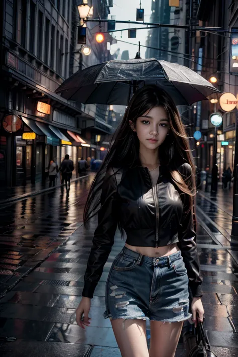best quality,ultra-detailed,realistic,long hair,girl,raining,street view,portraits,photography,vivid colors,wet pavement,umbrell...