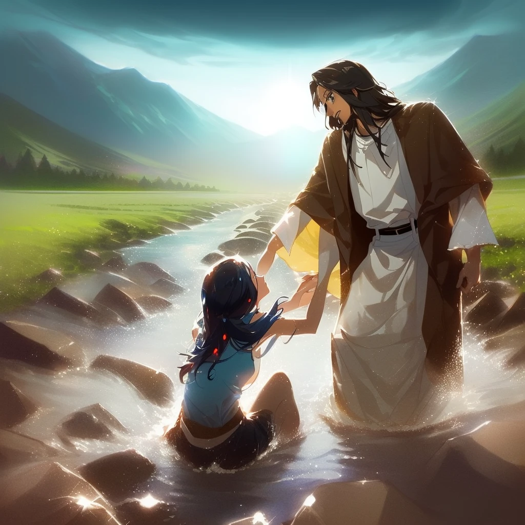 Jesus washes a woman in a river with a mountain in the background, most beautiful picture of all time, beautiful illustration, Crossing the river, Jesus walks on water, very nice photo, greg olsen, absolut herausragendes Bild, inspired von Mark Keathley, von Mark Keathley, Bibel-Illustration, Jesus umarmt eine Frau, erstaunliche Tiefe, very beautiful masterpiece, unglaubliche Kunst