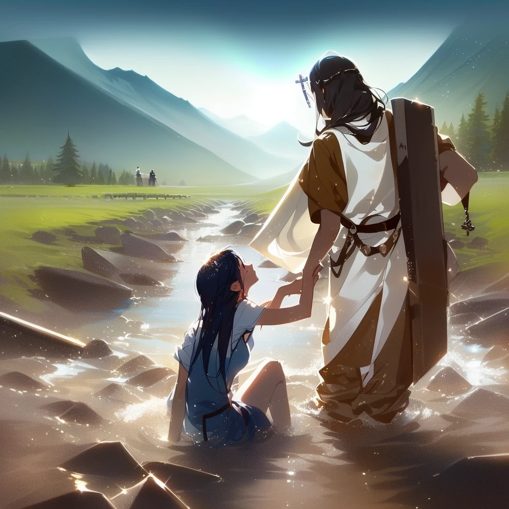 Jesus washes a woman in a river with a mountain in the background, most beautiful picture of all time, beautiful illustration, Crossing the river, Jesus walks on water, very nice photo, greg olsen, absolut herausragendes Bild, inspired von Mark Keathley, von Mark Keathley, Bibel-Illustration, Jesus umarmt eine Frau, erstaunliche Tiefe, very beautiful masterpiece, unglaubliche Kunst