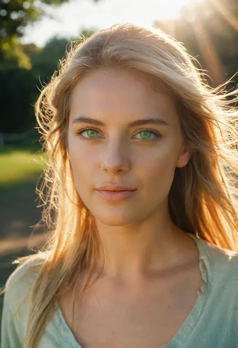 a photorealistic portrait of a 25-year-old colombian girl with long, flowing blond hair and striking green eyes. she should have...