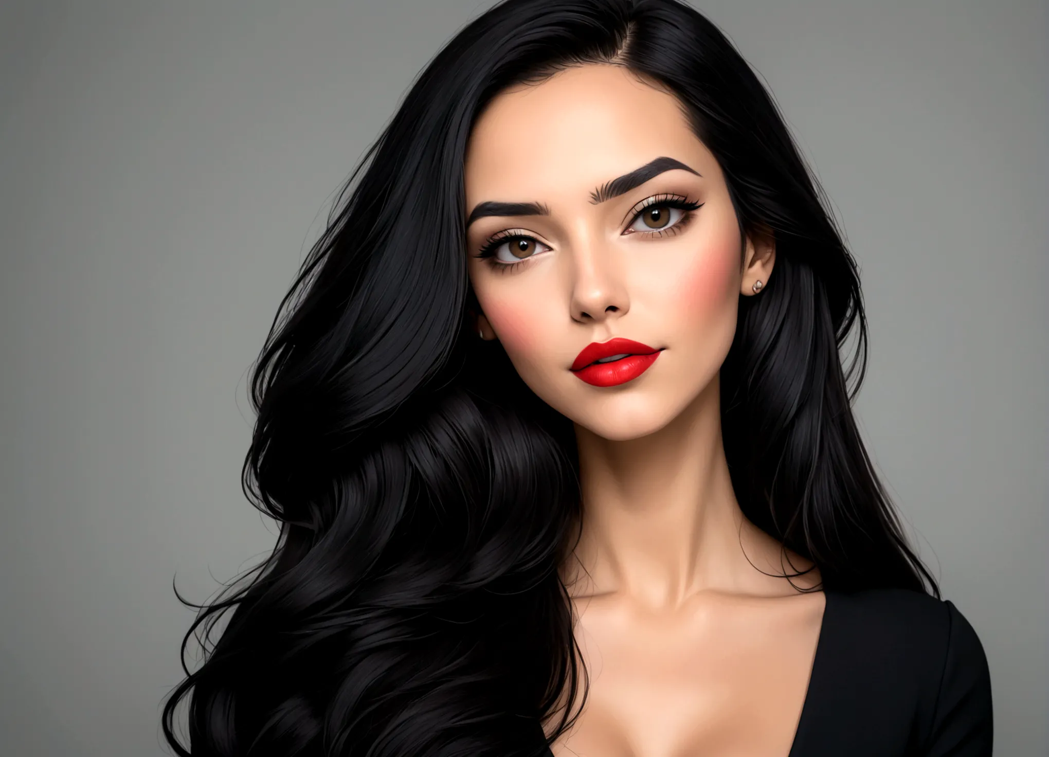 arafed woman with long hair and Red lipstick posing for a picture, Catarina, imagem de perfil, Red lips, foto profissional, mulh...