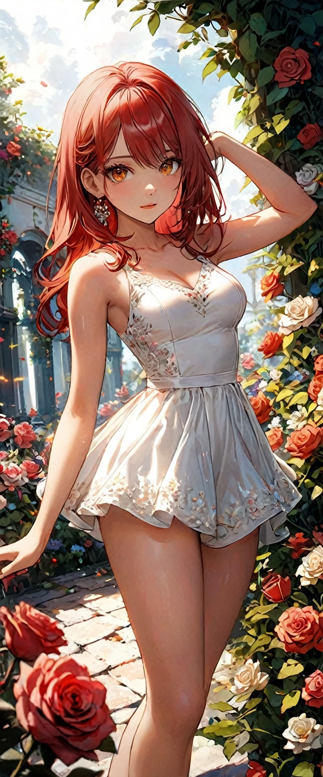 A detailed female anime babe , detailed long ((red hair)) with ((golden eyes)) in a angular cinematic scene having a unique pose with detailed vibrant color , high graphics , (clear clarification) wearing a sexy white dress (wiith a physically fit body) in a detailed full background of a (floral garden filled with different color rose) using high intensity coloration , unreal engine , high definition in 32k resolution using super fine quality linings