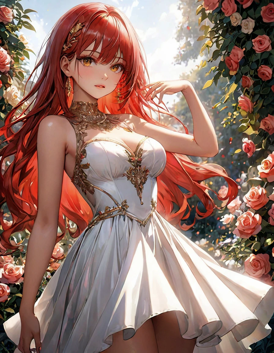 A detailed female anime babe round breast with amazing figure detailed long ((red hair)) with ((golden eyes)) in a angular cinematic scene having a unique pose with detailed vibrant color , high graphics , (clear clarification) wearing a sexy white dress (wiith a physically fit body) in a detailed full background of a (floral garden filled with different color rose) using high intensity coloration , unreal engine , high definition in 32k resolution using super fine quality linings