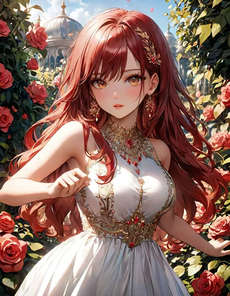 A detailed female anime babe round breast with amazing figure detailed long ((red hair)) with ((golden eyes)) in a angular cinem...