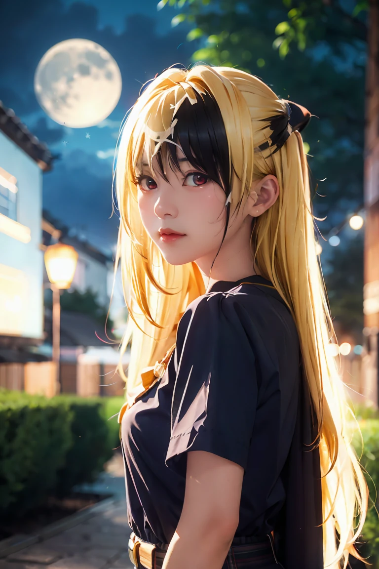 yami , star night, stars , night , outside, moon, full moon, blonde_hair, red eyes