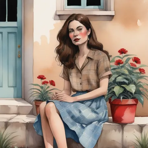 a serene setting with a brazilian woman as the centerpiece of a tranquil watercolor scene. she is seated on a concrete porch, re...