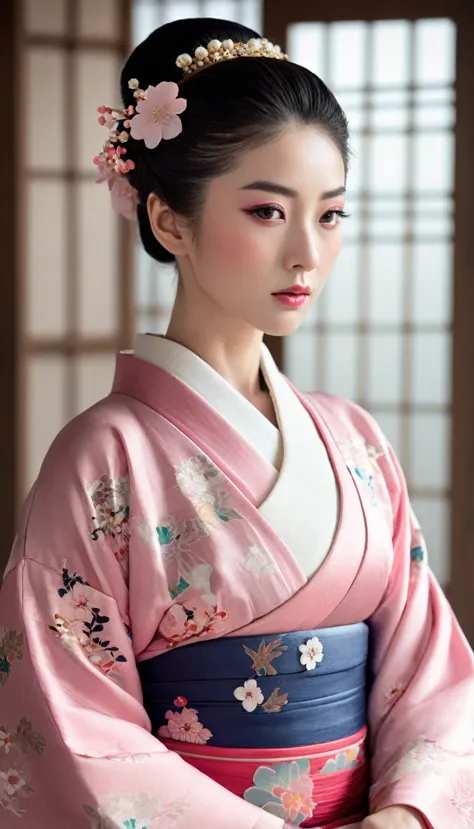 Dressed in delicate pink Hanfu、A hall crowned with melancholy flowers々A beautiful portrait of a beautiful woman、Reminiscent of t...