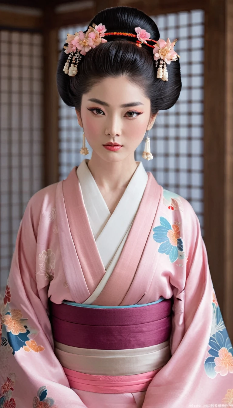 Vestido em delicado Hanfu rosa、Um salão coroado com flores melancólicas々Um belo retrato de uma mulher bonita、Uma reminiscência do famoso Run In。Esta imagem de tendência de tirar o fôlego da CG Society、Mostrando o máximo realismo、Leva o observador ao período Sengoku.。Uma mulher vestida com trajes tradicionais que era concubina de um senhor da guerra japonês、Exala beleza atemporal、Seu olhar está fixo pensativamente para baixo。Sua roupa expressa vividamente a beleza artística de seu quimono em cores lindas.、Elas apresentam os padrões intrincados e a elegância discreta que caracterizam este período.。Esta imagem é uma obra-prima hipnotizante.、Vale a pena