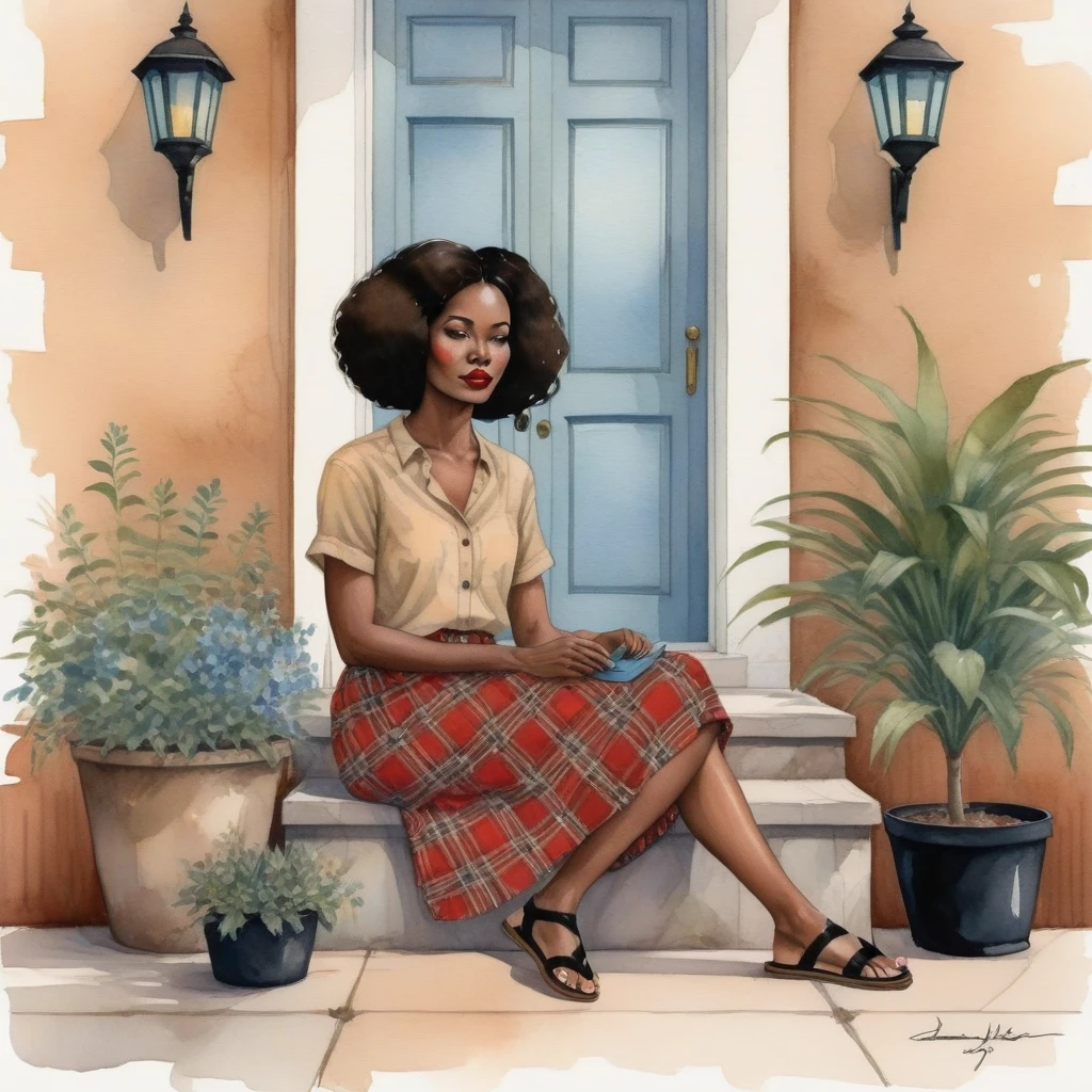 A serene setting with a african woman as the centerpiece of a tranquil watercolor scene. She is seated on a concrete porch, relaxed, with straight brown hair, a light blue blouse, a floral skirt, red lips, and black flip-flops. A brown plaid bag rests beside her, and the backdrop features a beige wall with a window and potted plants. by Daniela Uhlig