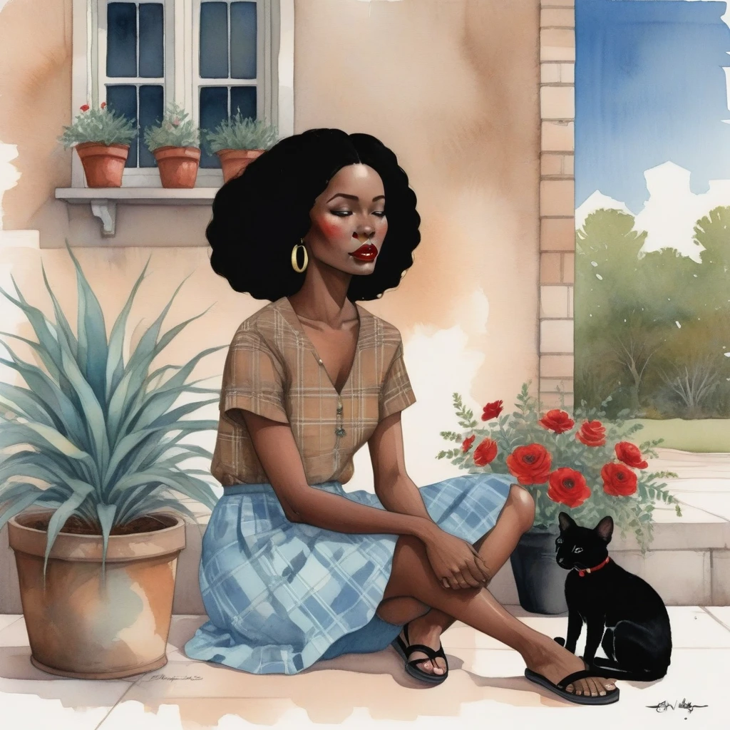 A serene setting with a african woman as the centerpiece of a tranquil watercolor scene. She is seated on a concrete porch, relaxed, with straight brown hair, a light blue blouse, a floral skirt, red lips, and black flip-flops. A brown plaid bag rests beside her, and the backdrop features a beige wall with a window and potted plants. by Daniela Uhlig