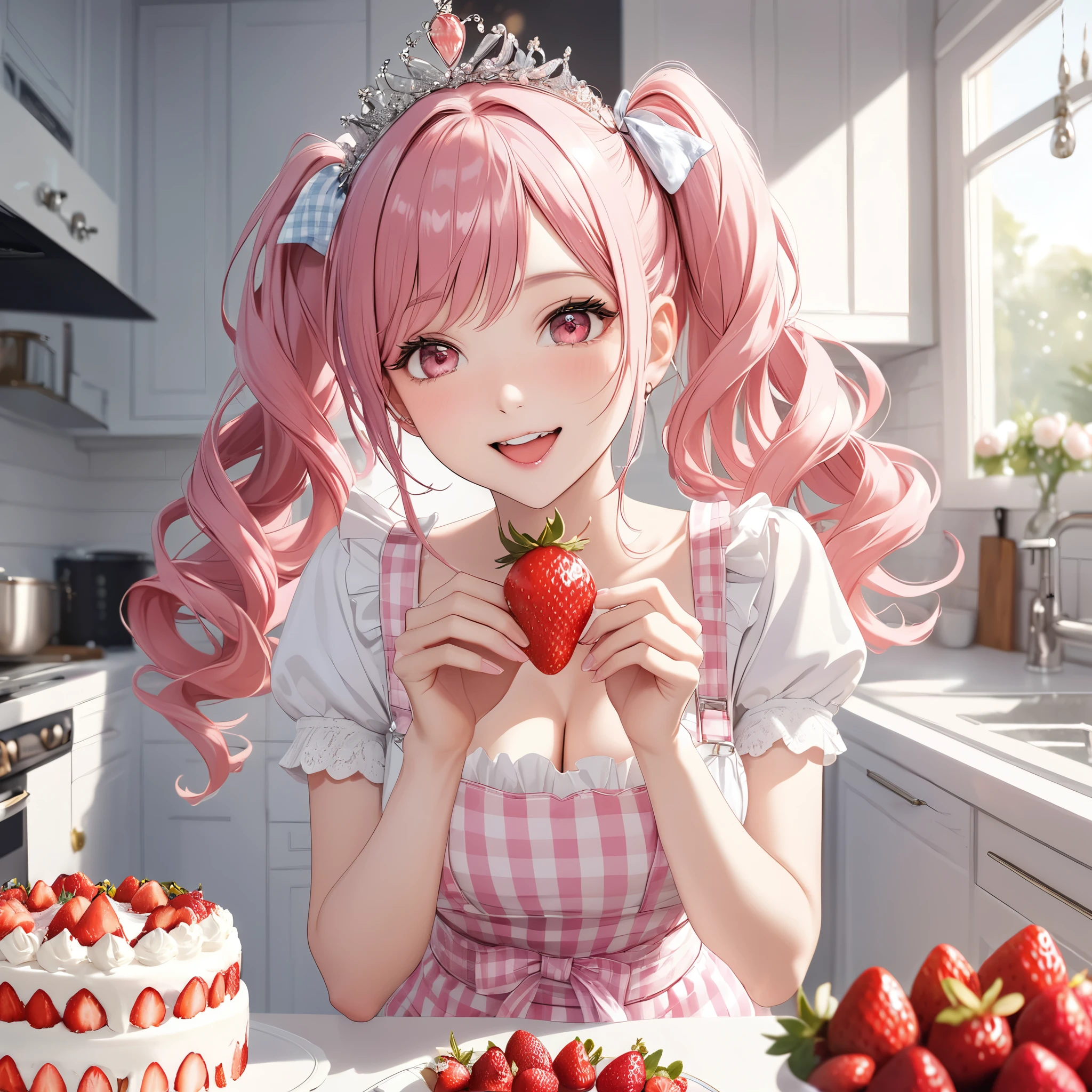 (8K, masutepiece, Best Quality, Official art, beautiful detailed, beautiful lighting, best masterpiece in history that exceeds limits), (1 Girl, Solo), (16 years old), (beautiful detailed face), (shiny white skin), (Beautiful big bust, cleavage:1.3), (thighs:1.3), (beautiful detailed pastel pink twin tails hair, Bangs:1.3), (beautiful detailed drooping pink eyes:1.5), (Beautiful Luxurious Diamonds Tiara), break, (beautiful detailed cute apron, White and Pastel pink gingham check pattern, bow ribbon, frill, ruffle:1.2), break, (happy smile:1.2), (Attractive, Look at the camera), (having a strawberry, Holding out a strawberry to the camera, she say Open your mouth wide and say“ahh":1.5), (ultra detailed realistic Beautiful white kitchen, a strawberry cake:1.3),