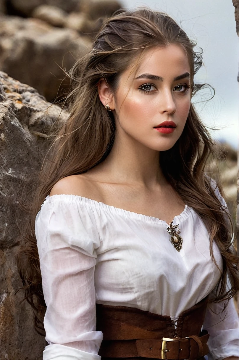 She exudes a rebellious aura, with her long, flowing hair and eyes that sparkle with defiance. Dressed in a casual cloth, she appears beautiful. In her hand, she holds a candy, a symbol. The background is a mountain landscape, suggesting an countryside life. The lighting is dramatic, casting shadows that add to the mystery and intensity of the scene. The overall mood is one of adventure, romance, and break Beautiful female bandit, solo, (slim:1.2), (perfect anatomy), Rebellious aura, Long flowing hair, Sparkling defiant eyes, short pants and casual T-shirt attire,casual fabric, mountain landscape, Dramatic lighting, Shadowy ambiance, romance, Hint of danger, extremely delicate and beautiful Ecuadorian girl, Fierce resolve, Steadfast defiance, Bold defiance, Tenacious fighter, Empowered bravery, Warrior spirit, middle earth, Alchemist Mixing together volatile chemicals to create powerful explosives, Phenom, Tall, Narrow Hips, Round Face, Fair Skin, White Hair, Hazel Eyes, Wide Nose, Pouty Lips, Sharp Chin, Shoulder-Length Hair, Wavy Hair, Fauxhawk, soft breasts, Dangle earrings, terracotta gloss lipstick, A sprawling castle, perched high on a rocky cliff overlooking the sea, Tolkien, break armor, belt, boots, cape, cloak, corset, fingerless gloves, fire, gauntlets, gloves, hood, hooded cloak, jewelry, knife, lantern, mask, midriff, mole, mole under mouth, mouth mask, navel, necklace, pouch, scar, weapon, Ethereal Fortress of the Elven King, Terracotta, Incandescent Outdoor Lamps, Wall Washing,