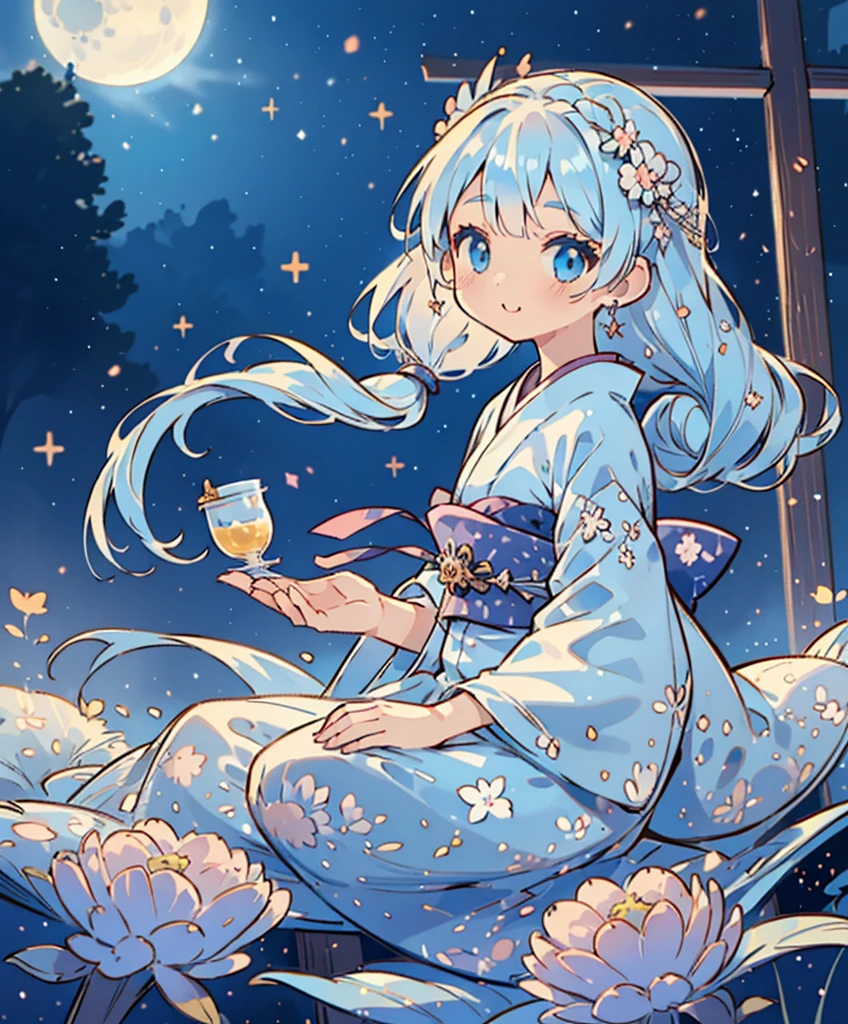 masterpiece, best quality, extremely detailed, (illustration, official art:1.1), 1 girl ,(((( light blue long hair)))), ,(((( light blue long hair)))),light blue hair, long hair ((blush)) , cute face, big eyes, masterpiece, best quality,(((((a very delicate and beautiful girl,))))),Amazing,beautiful detailed eyes,blunt bangs、((((little delicate girl)))),tareme(true beautiful:1.2), sense of depth,dynamic angle, ,Baby Face,flat chest,One girl is looking backwards at the moon, (Sexy smile), Kimono with beautiful patterns and colors., One Big Moon, Big Moon, Girl in the back looking at a very beautiful moon, (On the veranda in the Japan style:1.3), (Holding a cup of Japan:1.2), Liquor bottles are placed, Colorful, ultra-detailliert, high-level image quality, 