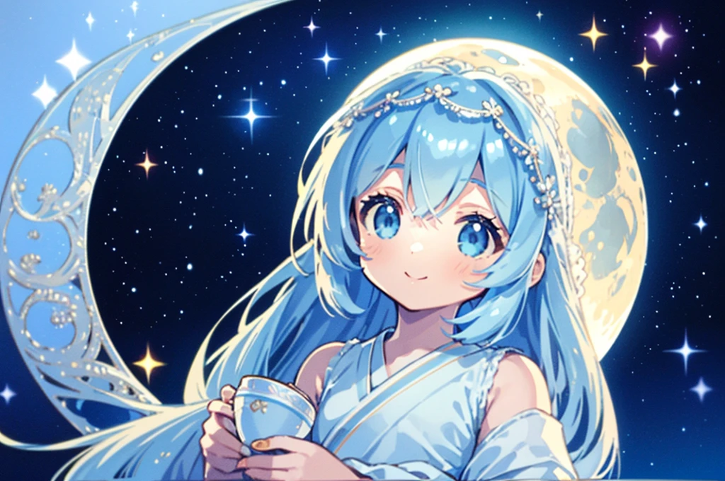 masterpiece, best quality, extremely detailed, (illustration, official art:1.1), 1 girl ,(((( light blue long hair)))), ,(((( light blue long hair)))),light blue hair, long hair ((blush)) , cute face, big eyes, masterpiece, best quality,(((((a very delicate and beautiful girl,))))),Amazing,beautiful detailed eyes,blunt bangs、((((little delicate girl)))),tareme(true beautiful:1.2), sense of depth,dynamic angle, ,Baby Face,flat chest,One girl is looking backwards at the moon, (Sexy smile), Kimono with beautiful patterns and colors., One Big Moon, Big Moon, Girl in the back looking at a very beautiful moon, (On the veranda in the Japan style:1.3), (Holding a cup of Japan:1.2), Liquor bottles are placed, Colorful, ultra-detailliert, high-level image quality, 