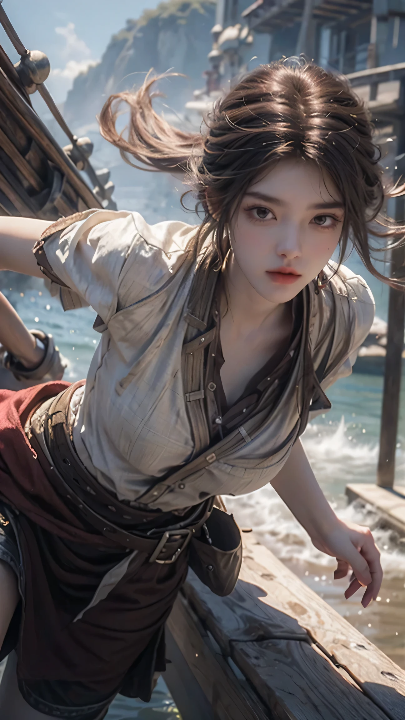 Epic CG masterpiece, hdr,dtm, full ha,8K, ultra detailed graphic tension, dynamic poses, stunning colors, 3D rendering, surrealism, cinematic lighting effects, realism, 00 renderer, super realistic, full - body photos, super vista, super wide Angle, HD
Pirate (Mole under eye:0.8), Milky skin, (shiny skin:1.3)watery eyes,
