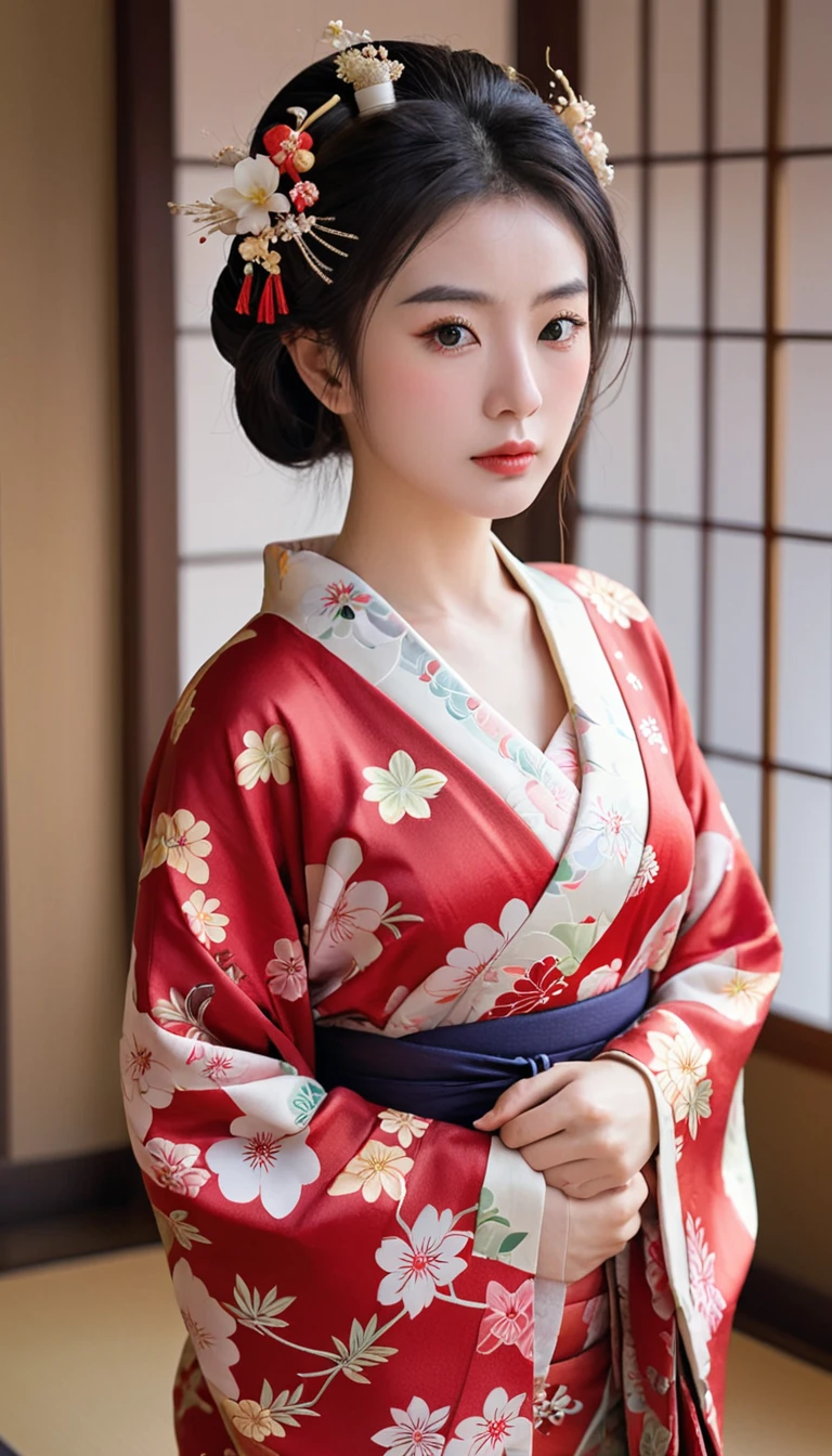 섬세한 붉은색 꽃무늬 기모노를 입고、우울한 꽃으로 장식된 홀々아름다운 여성의 아름다운 초상화、유명한 Run In을 연상시키는。CG Society의 숨막히는 트렌드 이미지、극사실주의를 보여주네요、시청자를 센고쿠 시대로 데려갑니다.。일본 무장의 후궁이었던 전통 의상을 입은 여성、시대를 초월한 아름다움을 발산합니다、그의 시선은 생각에 잠겨 아래로 향하고 있다。그녀의 의상은 아름다운 색상으로 기모노의 예술적 아름다움을 생생하게 표현합니다..、이 시대를 특징짓는 복잡한 패턴과 절제된 우아함이 특징입니다..。이 이미지는 매혹적인 걸작입니다.、그만한 가치가 있다