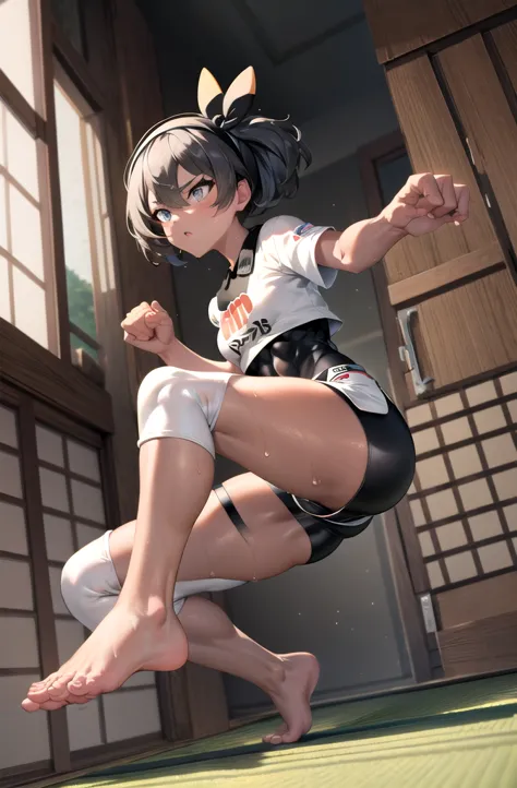 (masterpiece,Highest quality, detailed), One girl, alone, indoor, dojo, tatami,From below, Combat Stance, Clenched hands, View y...