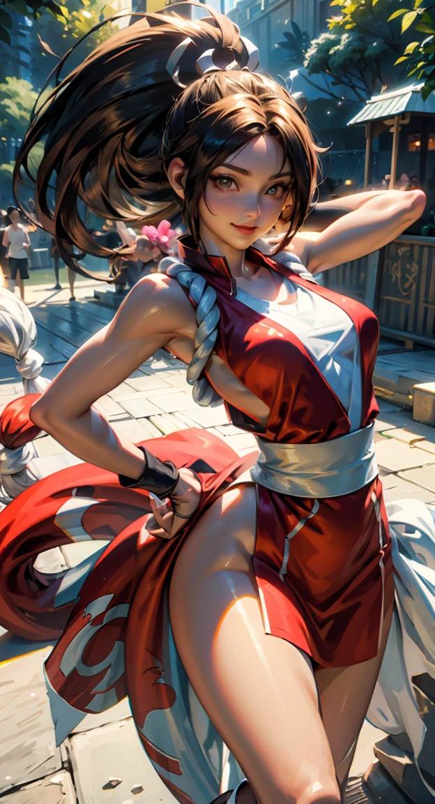 (Mai Shiranui),__body parts__, official art, 8k unit wallpaper, ela esta mostrando a lateral, pose lateral, ultra detailed, beautiful, masterpiece, Super fine photo, high quality, super tall resolution, photorealistic, sunlight, smile, elegant dress, jewelry, in Birthday , amusement park, beautiful, highly detailed skin, realistic skin details, visible pores, sharp focus, digital SLR camera,