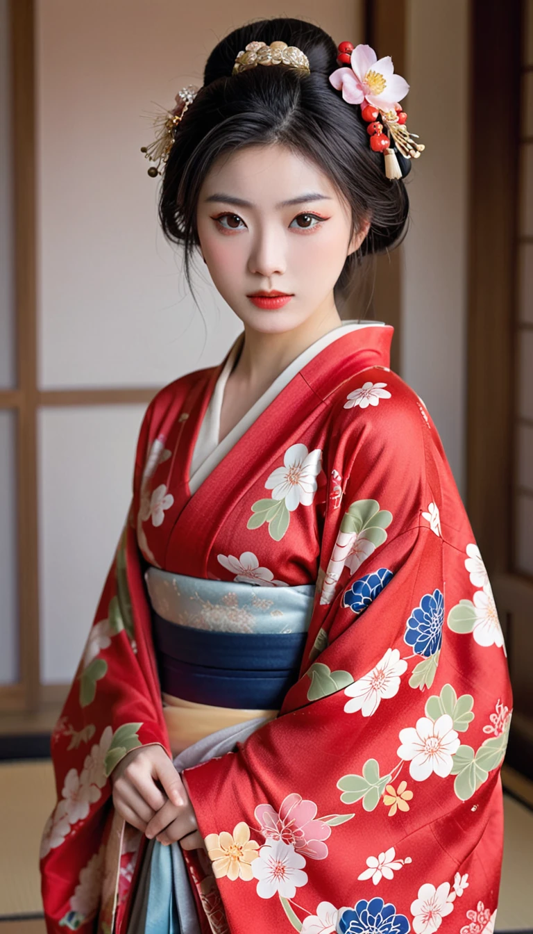 섬세한 붉은색 꽃무늬 기모노를 입고、우울한 꽃으로 장식된 홀々아름다운 여성의 아름다운 초상화、유명한 사々키즈키가 생각나네요。CG Society의 숨막히는 트렌드 이미지、극사실주의를 보여주네요、시청자를 센고쿠 시대로 데려갑니다.。일본 무장의 후궁이었던 전통 의상을 입은 여성、시대를 초월한 아름다움을 발산합니다、그의 시선은 생각에 잠겨 아래로 향하고 있다。그녀의 의상은 아름다운 색상으로 기모노의 예술적 아름다움을 생생하게 표현합니다..、이 시대를 특징짓는 복잡한 패턴과 절제된 우아함이 특징입니다..。이 이미지는 매혹적인 걸작입니다.、그만한 가치가 있다
