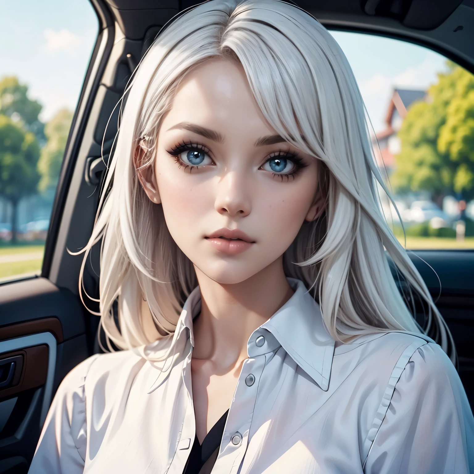 a woman with long white hair and a white shirt is sitting in a car, perfect by white girl, chica con by white, awesome anime face portrait, Kawaii realistic portrait, beautiful realistic face, ig model | germ of art, blonde hair and big eyes, cara bonita de by white, by white, hyperrealistic anime, beautiful pale makeup, realistic painting cute girl